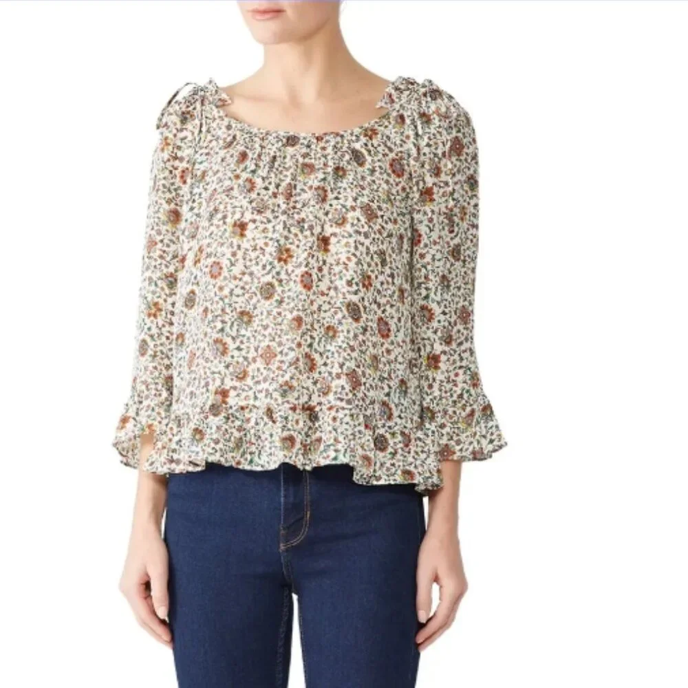 NWOT Tory Burch Ivory Soleil Floral Ruffle Silk Bohemian Top/Blouse XS $348